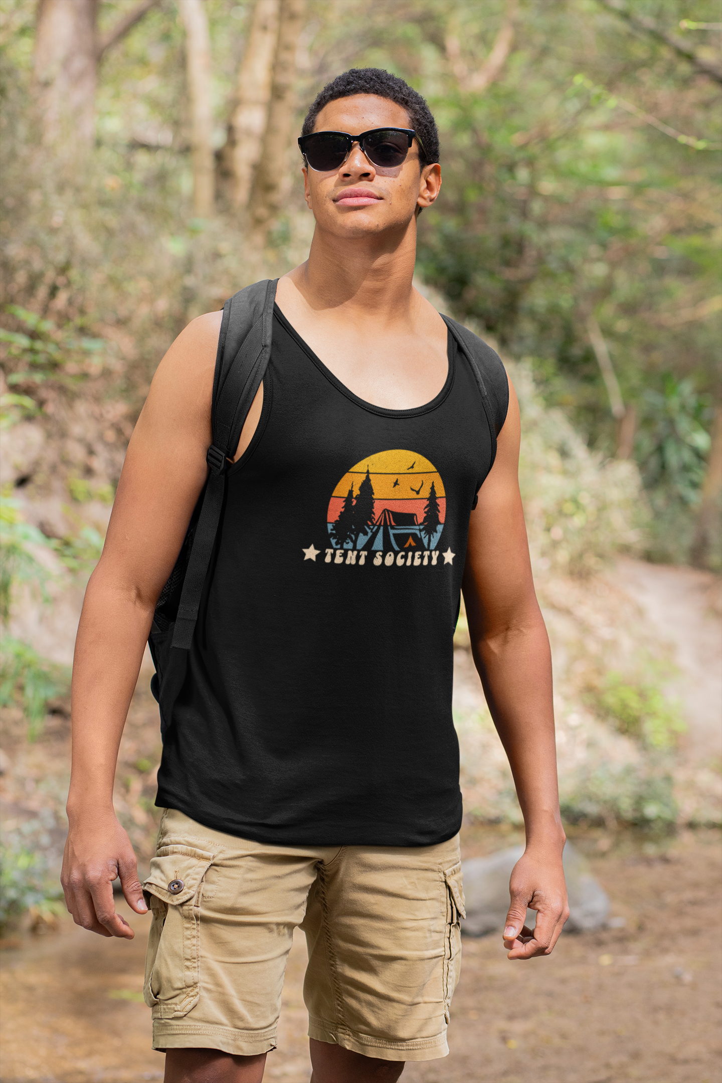 Tent Society Sunset Tent Camping Unisex Tank Printify