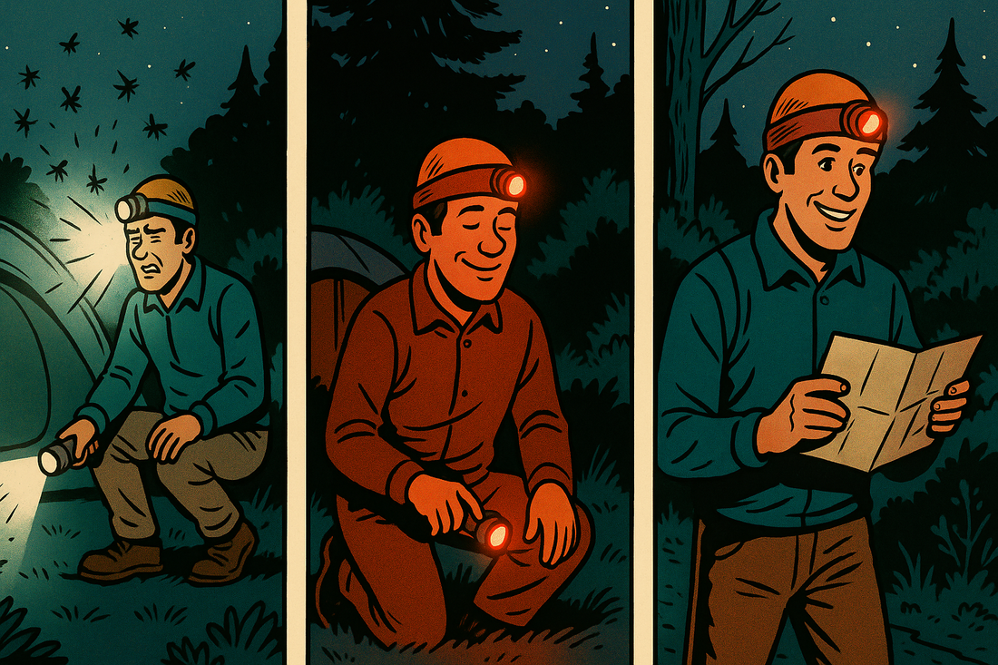 Comic illustration of a camper switching from white to red headlamp to avoid bugs and preserve night vision while camping.