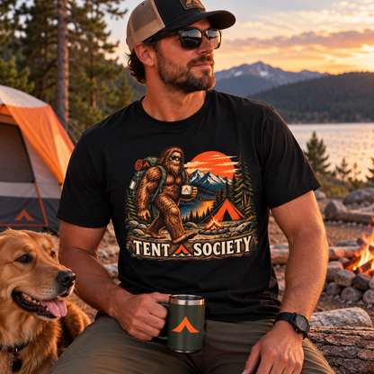 Tent Society Bigfoot Camping T-Shirt – Vintage Sasquatch Outdoor Adventure Graphic Tee