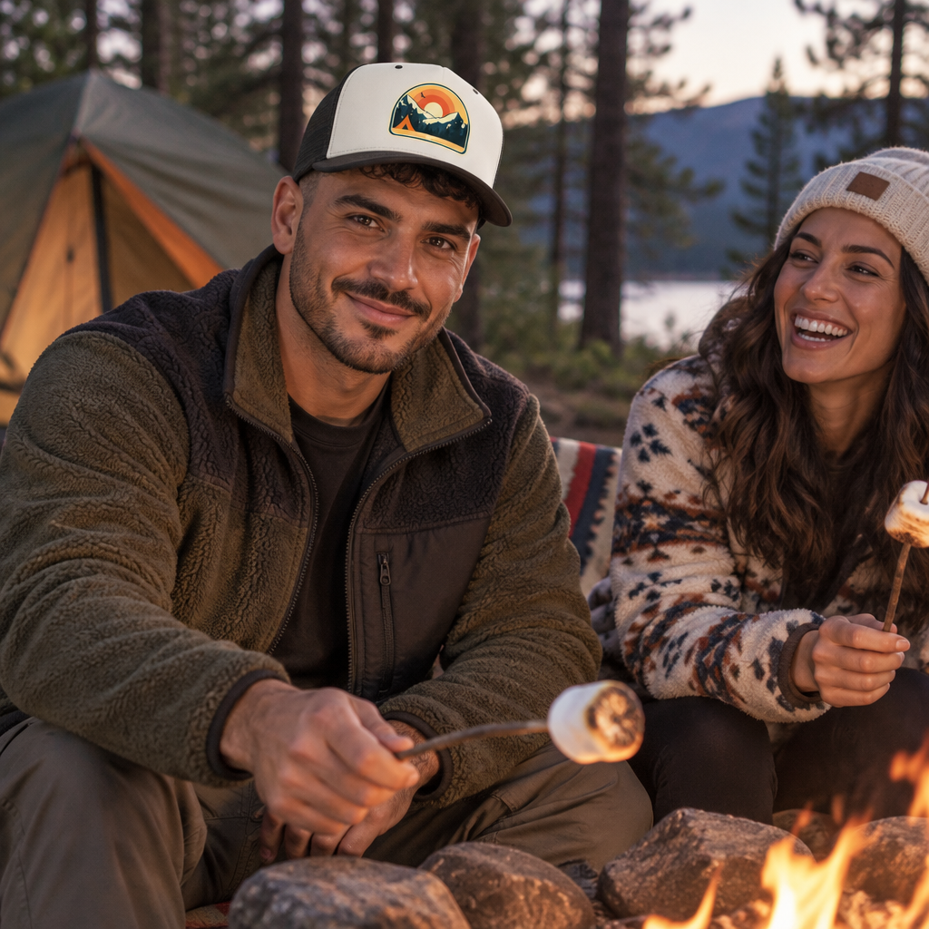 Retro Sunrise Mountain Camping Trucker Hat