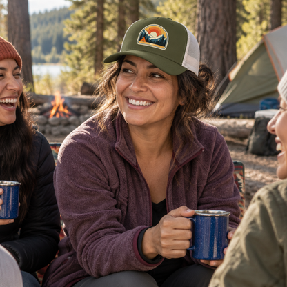 Retro Sunrise Mountain Camping Trucker Hat