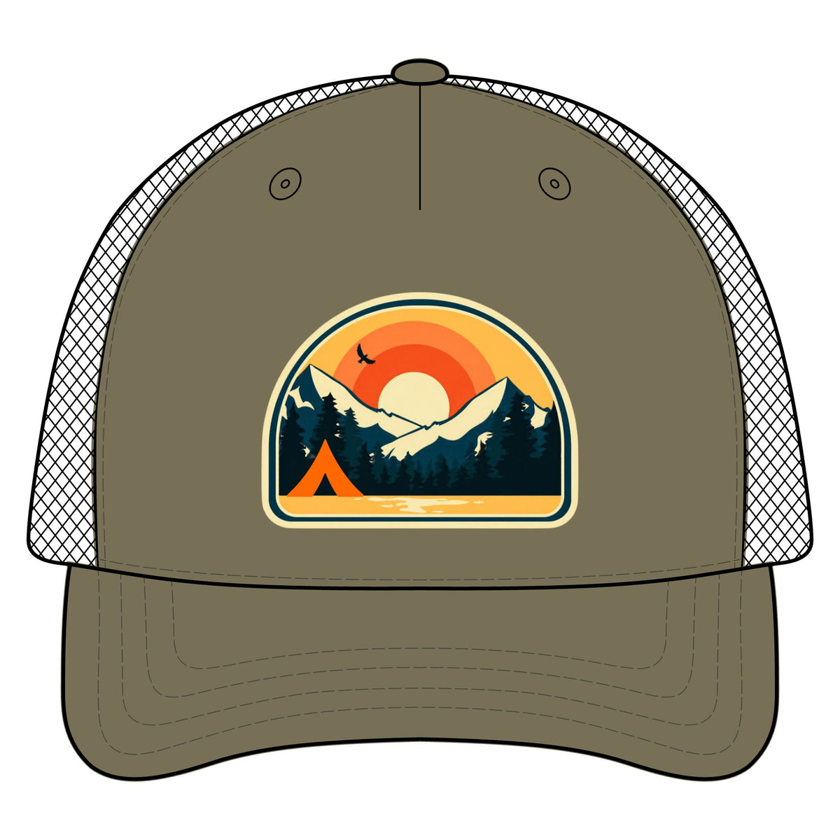 Retro Sunrise Mountain Camping Trucker Hat