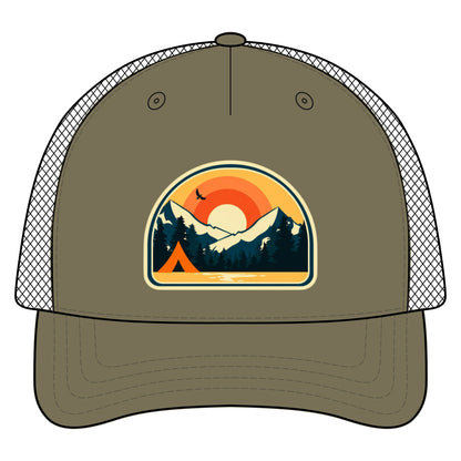 Retro Sunrise Mountain Camping Trucker Hat
