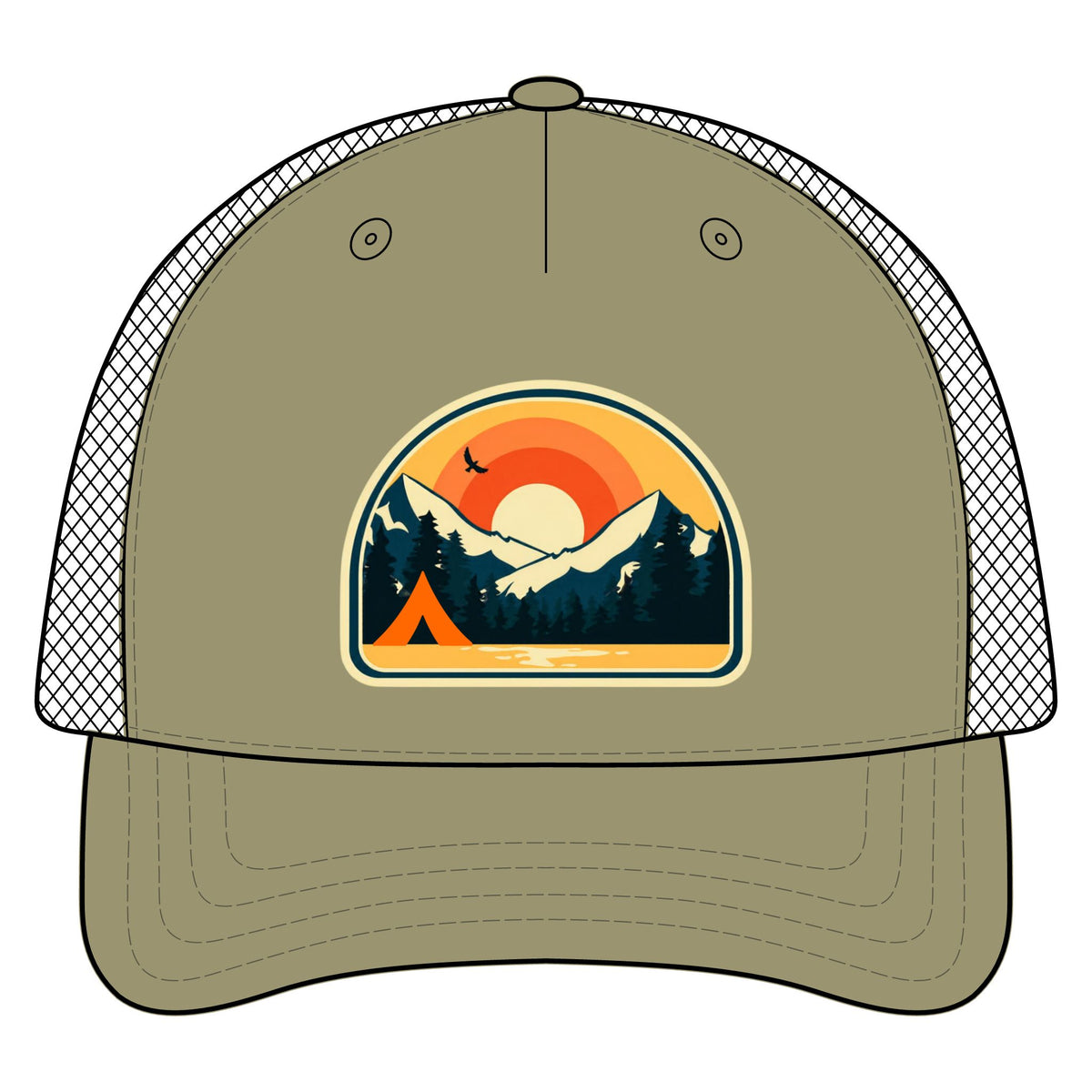 Retro Sunrise Mountain Camping Trucker Hat
