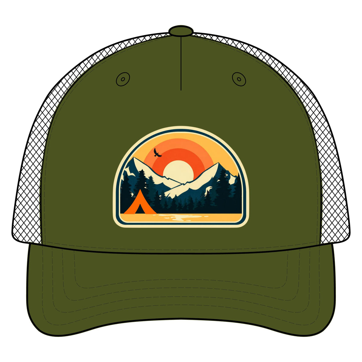 Retro Sunrise Mountain Camping Trucker Hat