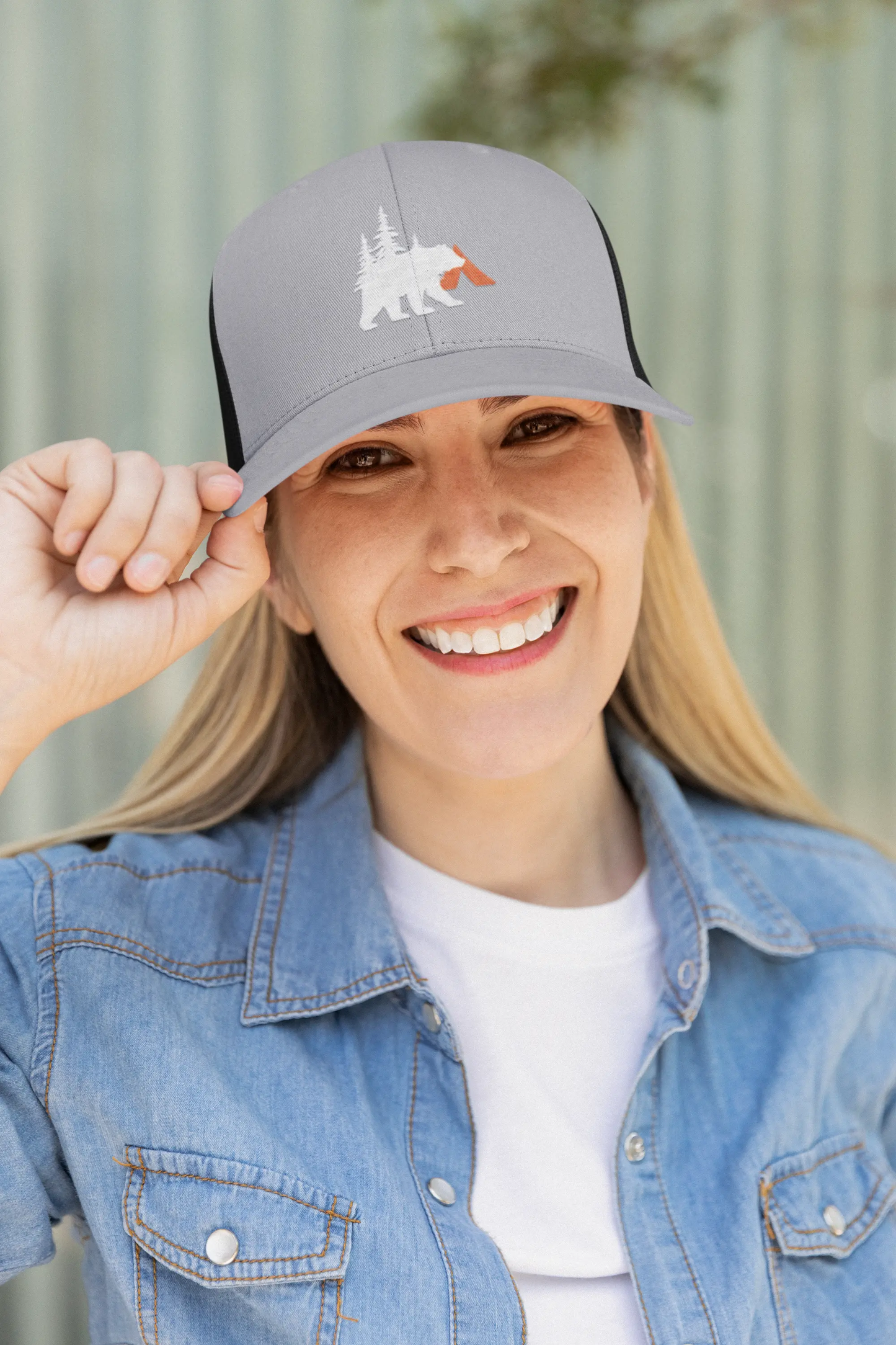 Tent Society Bear and Campsite Trucker Hat Printify